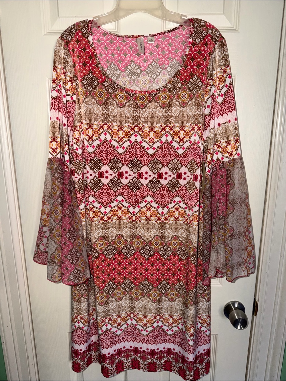 Pink & Brown Printed Bell-Sleeve Dress - 1X